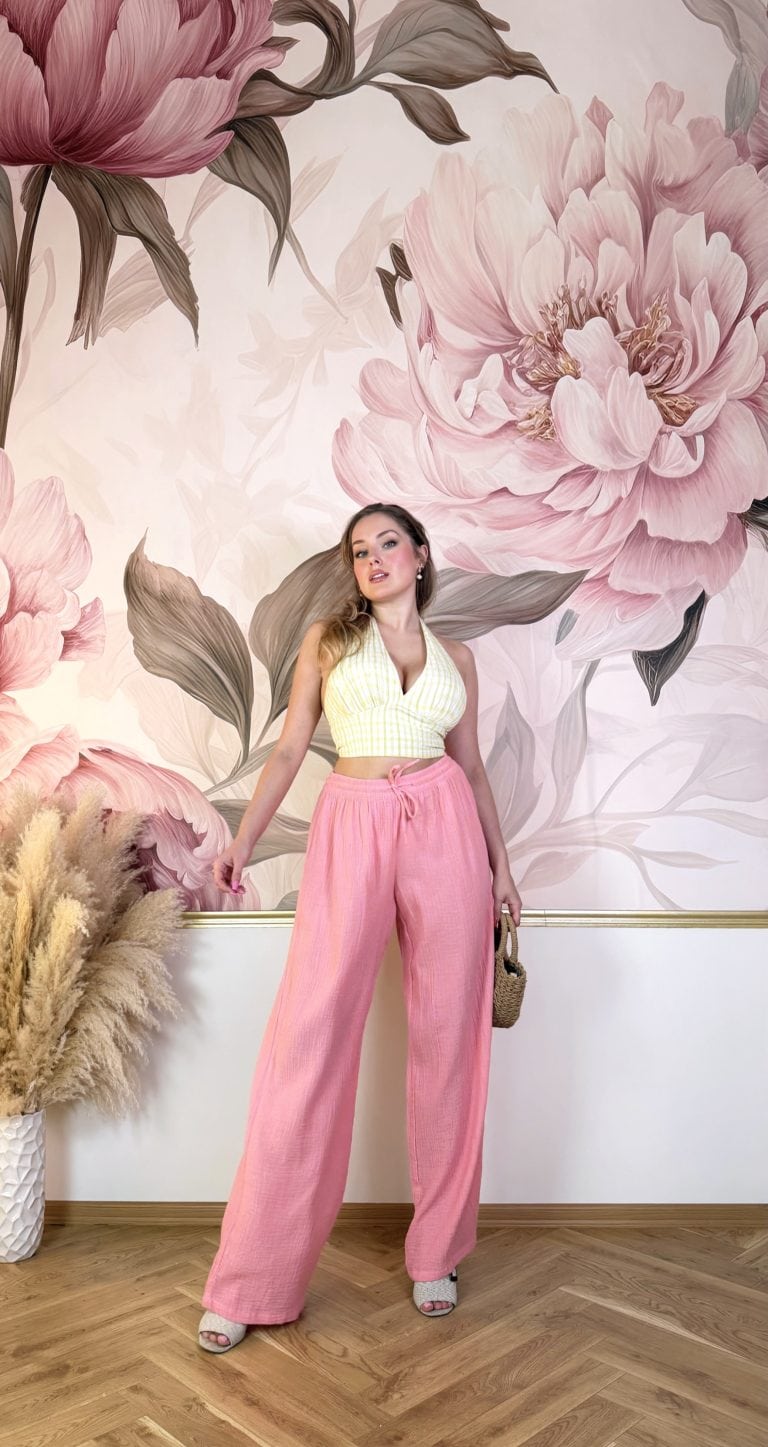 100% bavlněné lehké lososově růžové kalhoty s oranžovými proužky