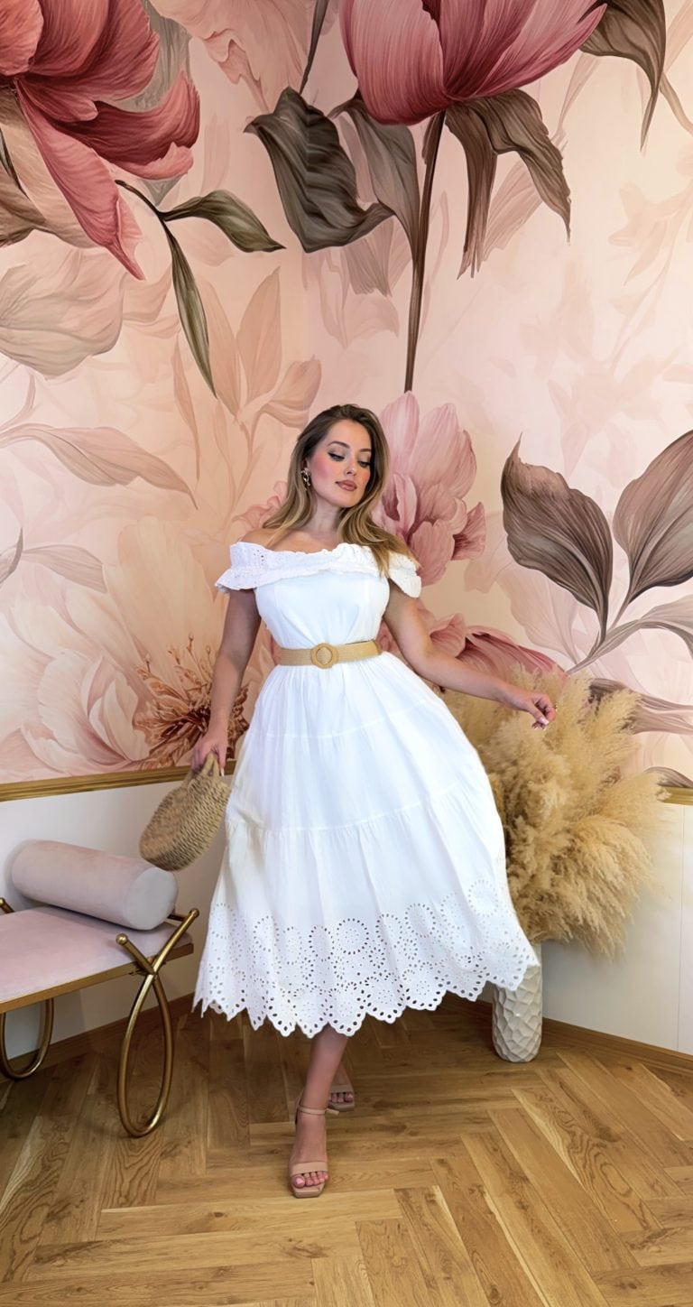 Domů 20 Něžné bílé bavlněné šaty off shoulder s volánovým výstřihem a madeirou