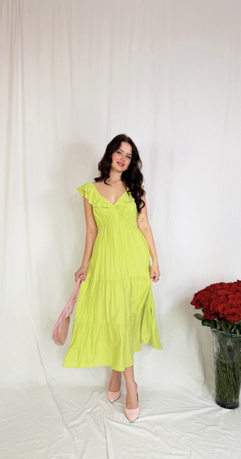 85% viskózové, výrazné limetkově zelené šaty s volánovým výstřihem