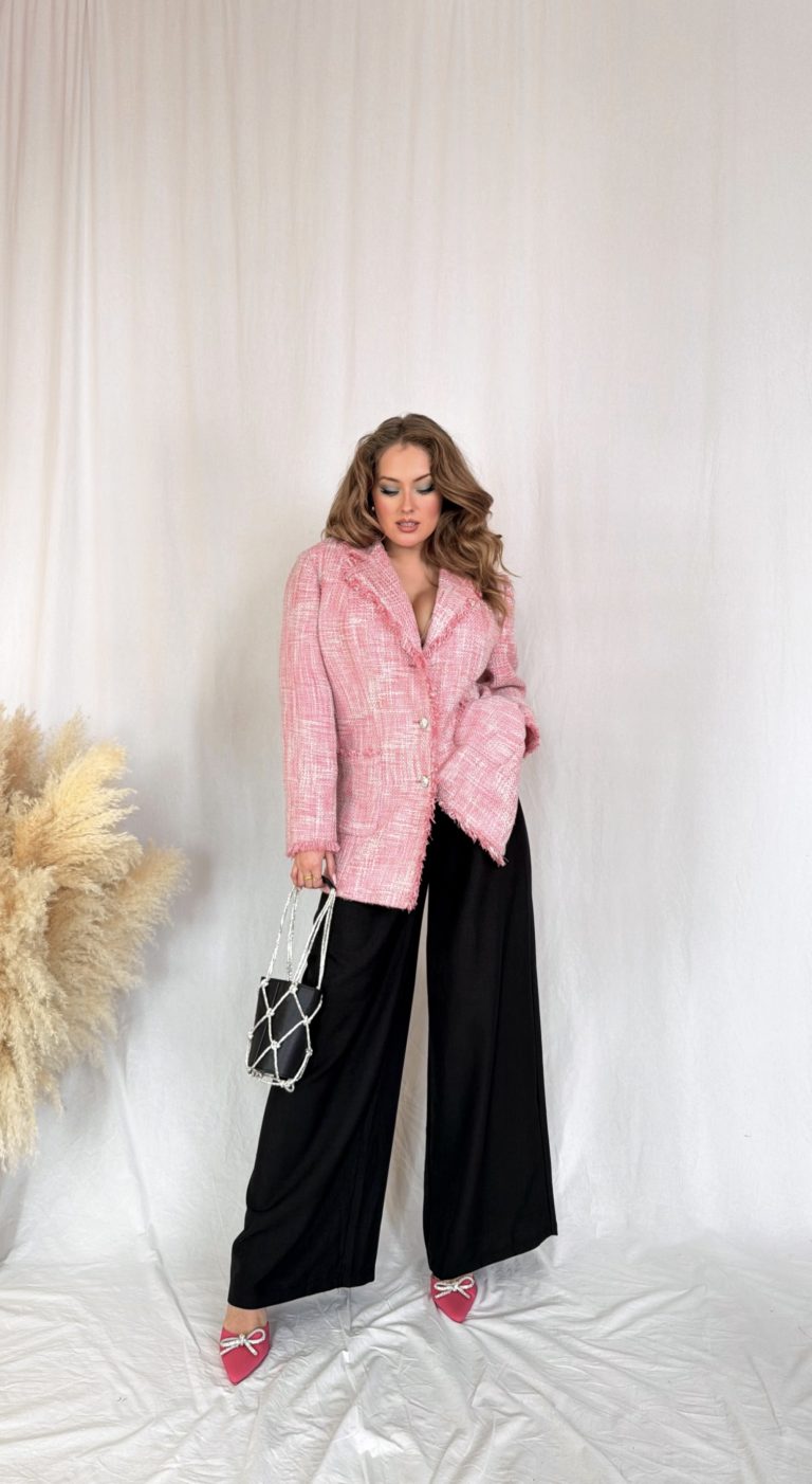 Vintage růžové tvídové podšité sako s obsahem vlny