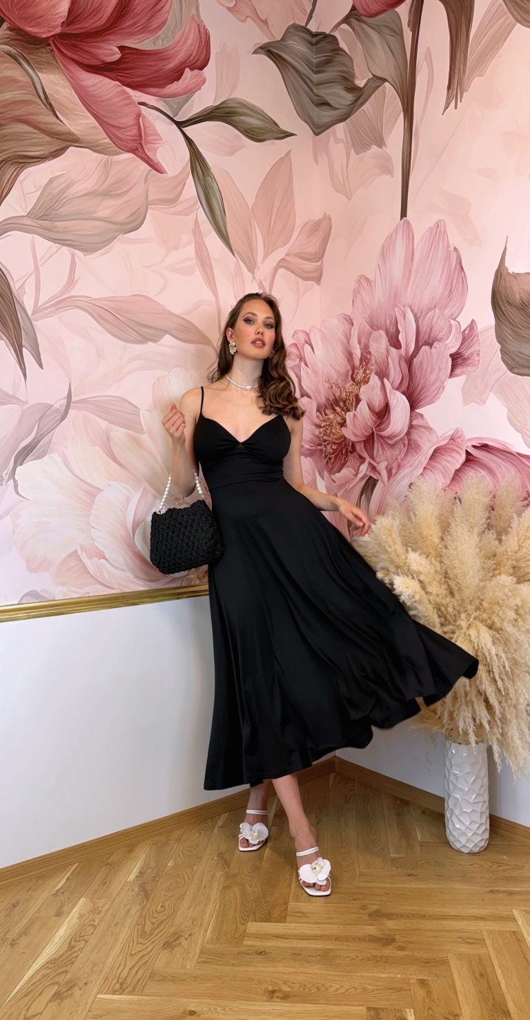Černé šaty na ramínka s jemně splývavým střihem
